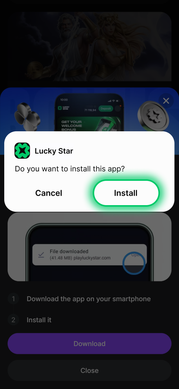 Confirm the installation by tapping Install on the Lucky Star app system prompt.