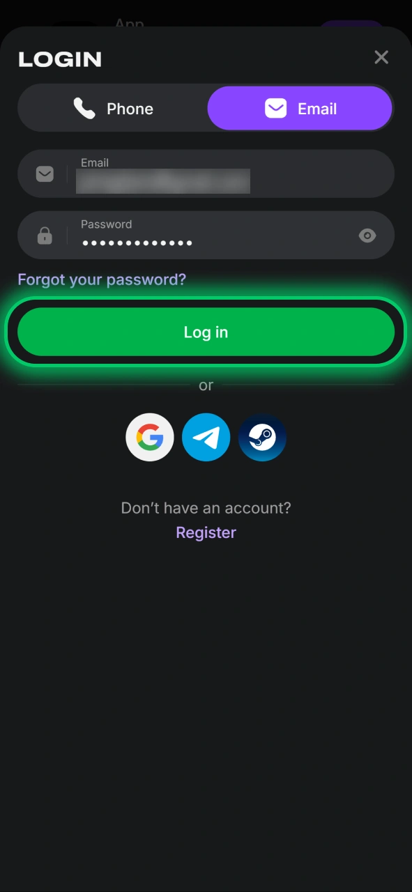 Log in to your Lucky Star account by entering your email and password in the app.