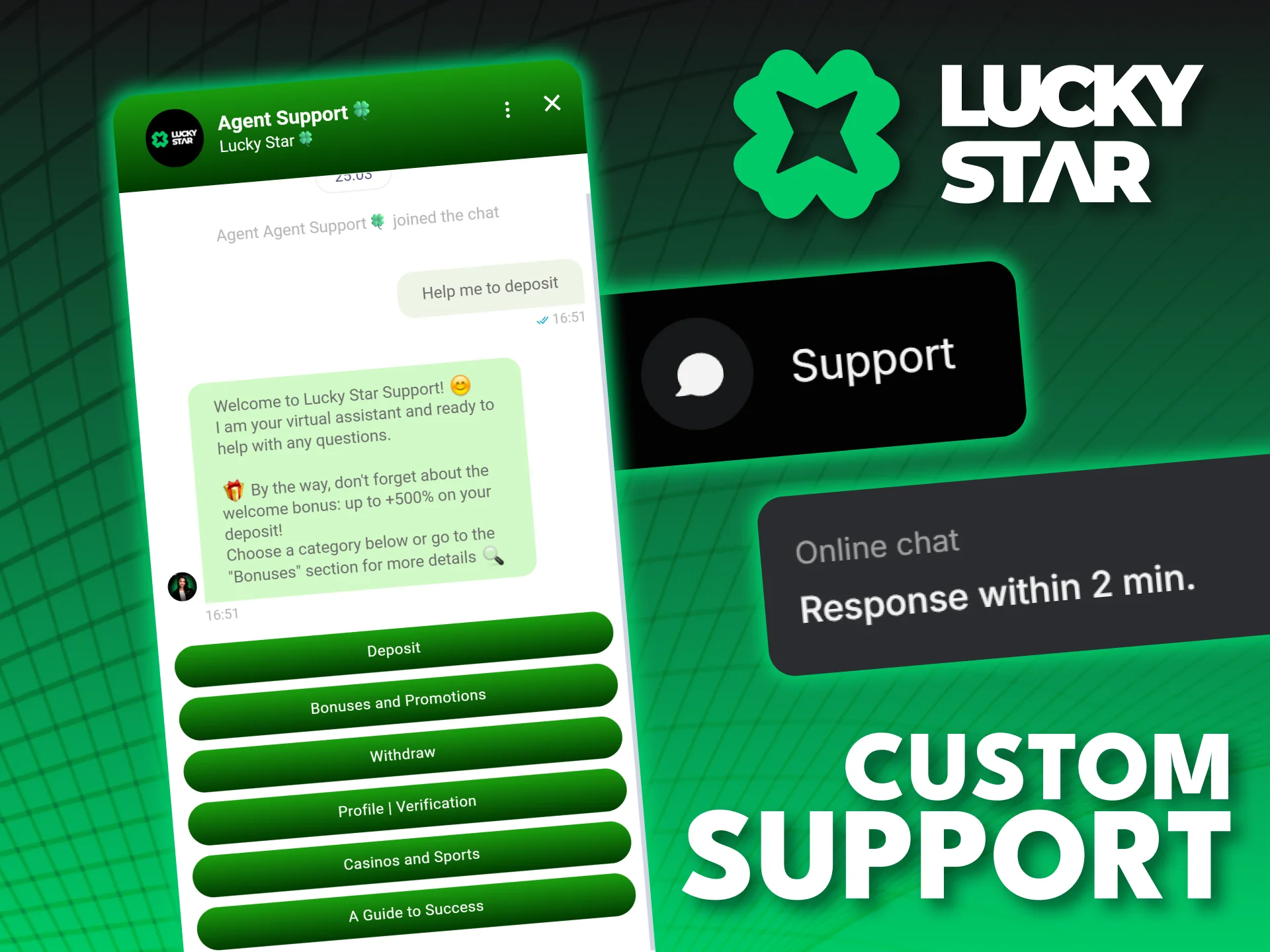 Get instant help through the Lucky Star app support features.