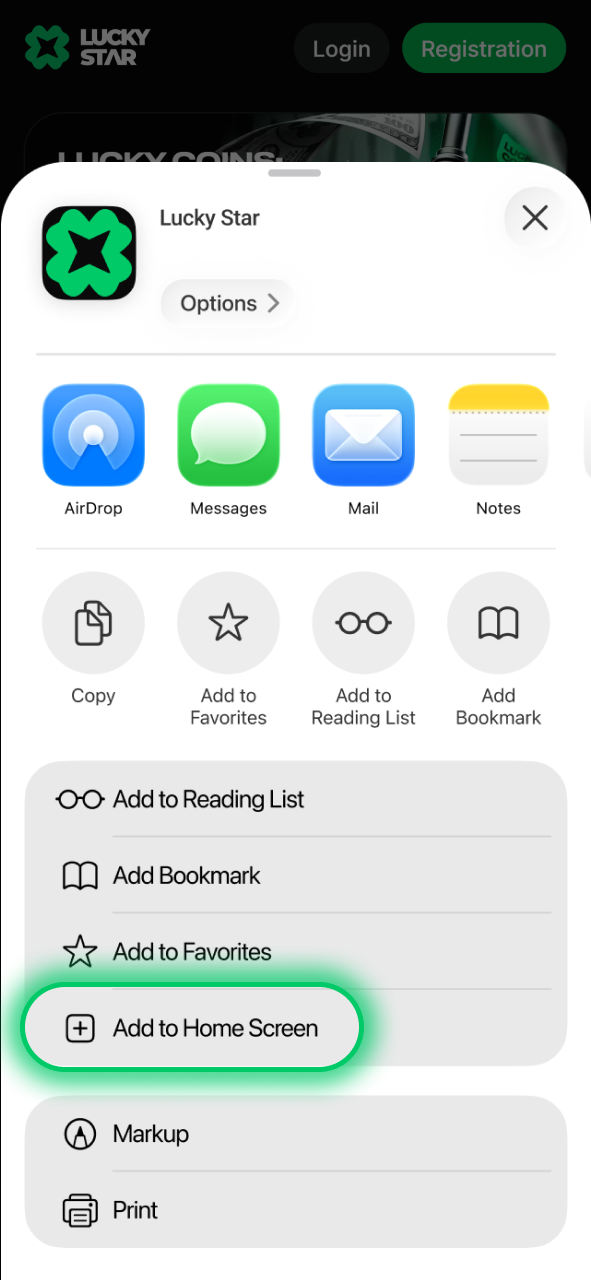 Select the Add to Home Screen option from the iOS share menu for Lucky Star.