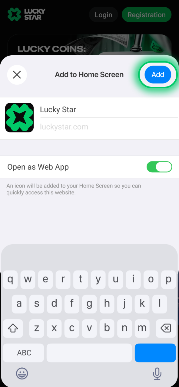 Tap the Add button to place the Lucky Star web app icon on your iPhone home screen.