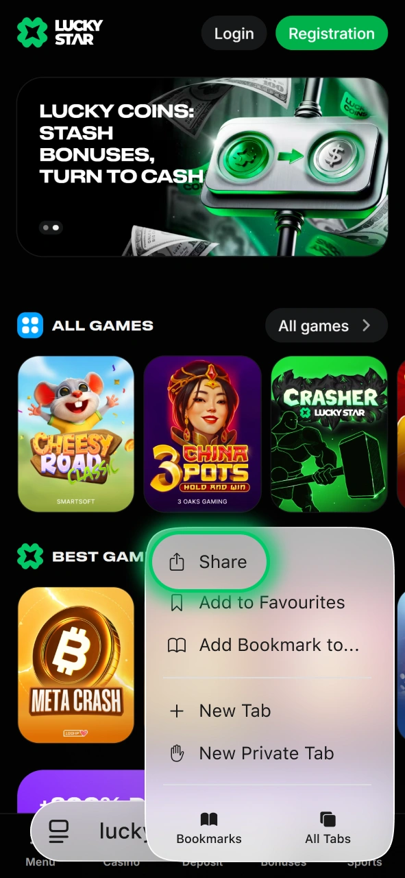Open the browser Share menu while visiting the Lucky Star website on iOS.