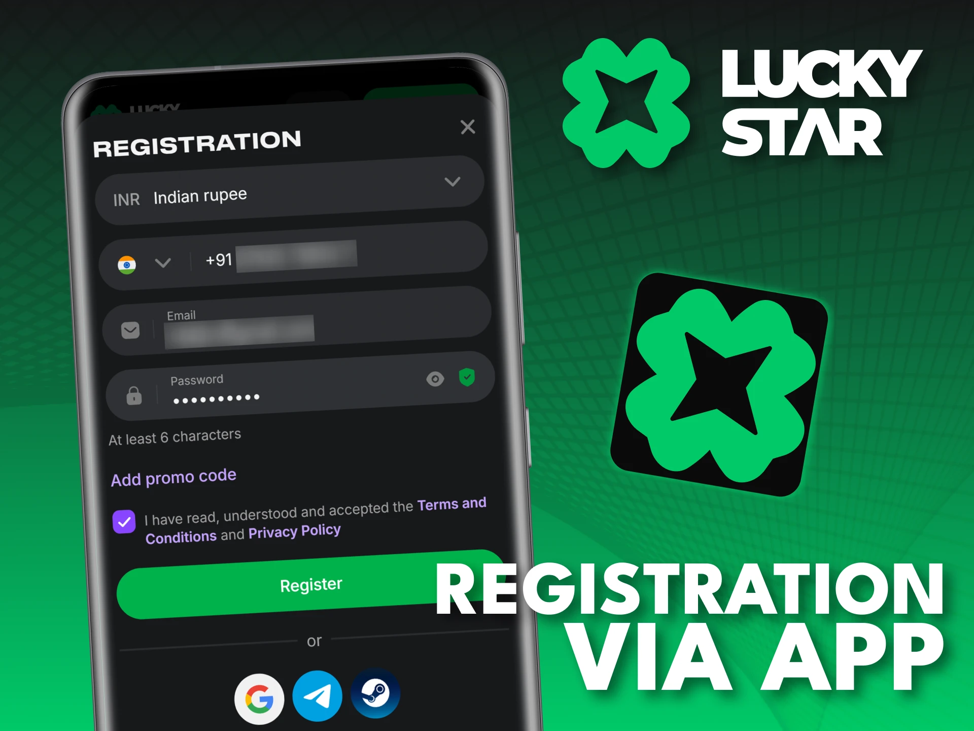 Fill in your currency, phone number, email, and password in the Lucky Star app sign-up form.