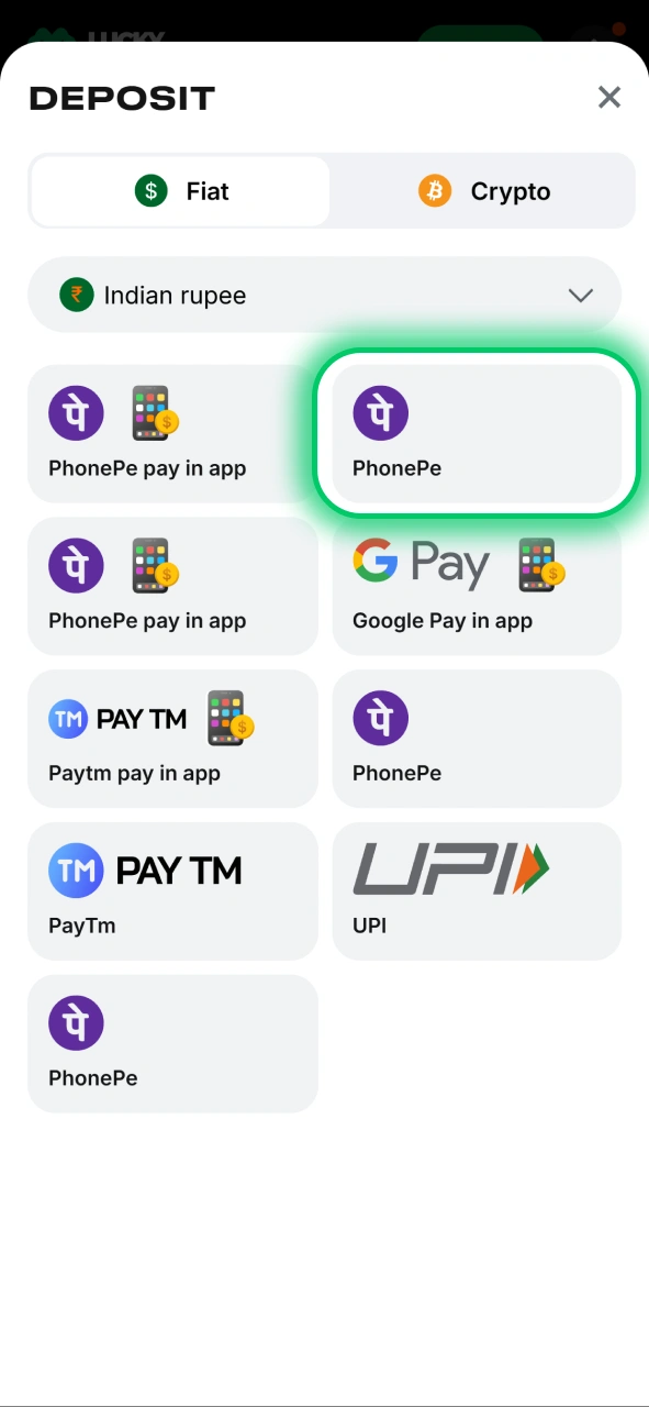 Select PhonePe or other popular payment methods in the Lucky Star deposit section.