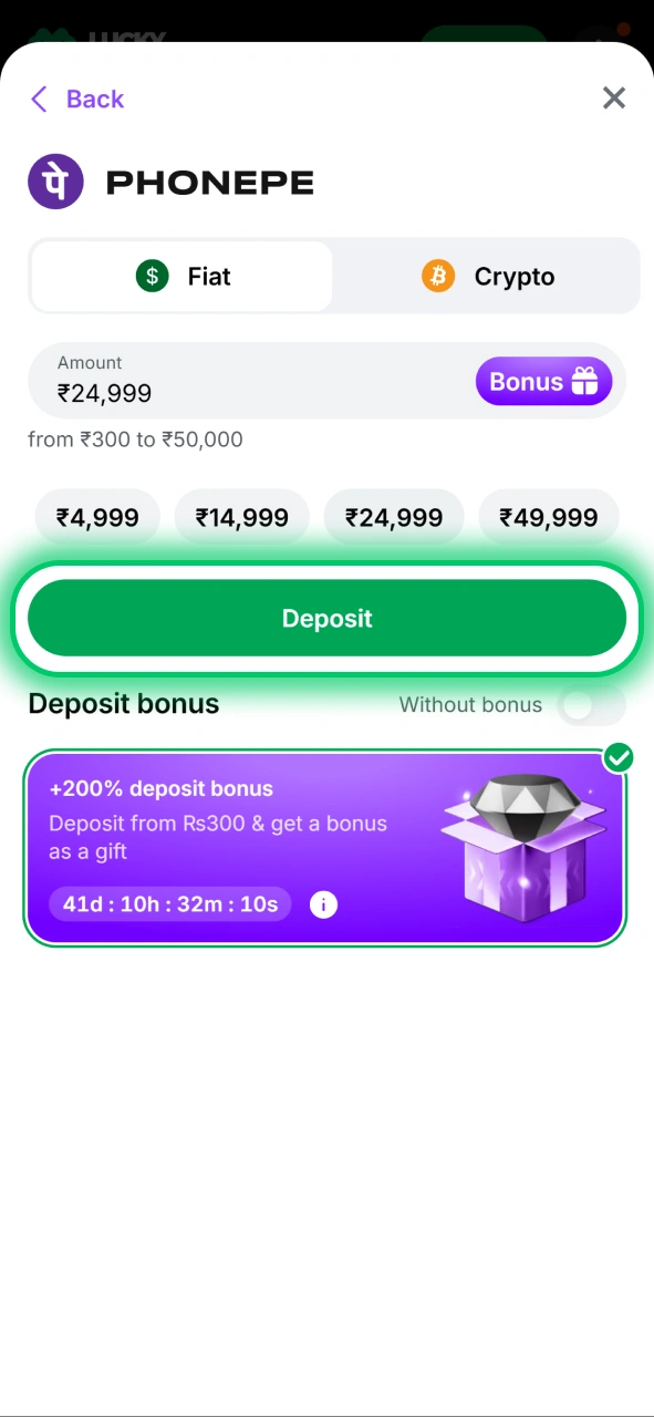Confirm your transaction by clicking the Deposit button in the Lucky Star payment menu.