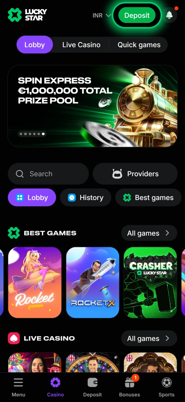 Locate the green Deposit button in the top header of the Lucky Star interface.