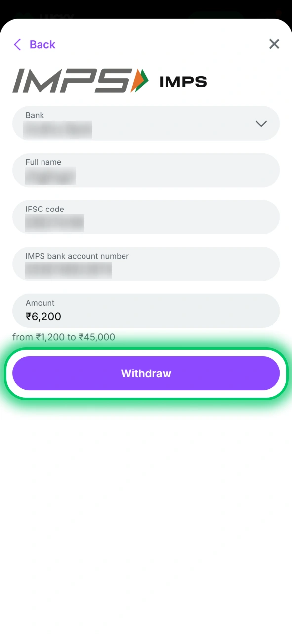 Confirm your payout request by clicking the purple Withdraw button in the Lucky Star cashier.