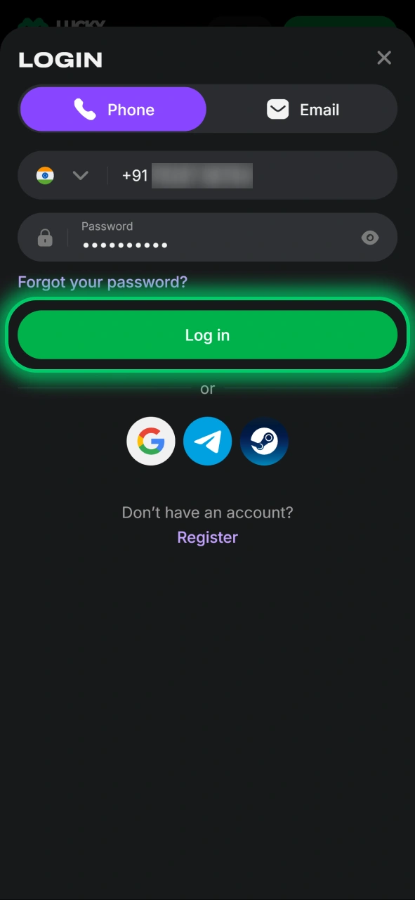Log in to your Lucky Star account using your registered phone number or email to access funds.